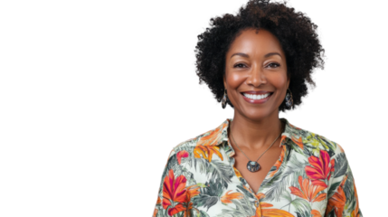 Smiling black woman with transparent background showing confidence and happiness