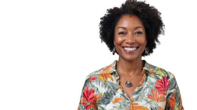 Smiling black woman with transparent background showing confidence and happiness - Powered by Adobe