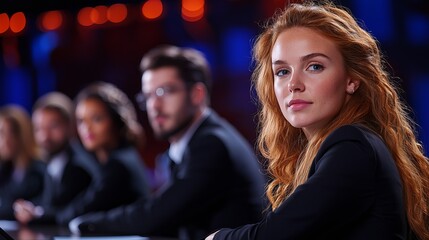 Obraz premium A confident young woman with red hair is seated at a panel discussion, featuring blurred colleagues in the background.