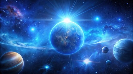 Obraz premium Digital blue light effect overlay on a deep space background featuring stars and planets , galaxy, blue light
