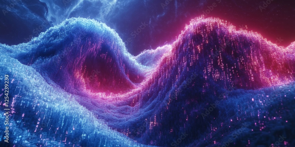 Poster glowing digital landscape; cosmic background; data visualization