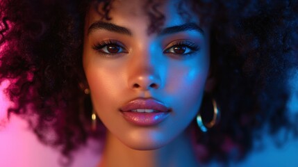 Naklejka premium Close-up portrait of a young woman with curly hair bathed in vibrant neon lights, highlighting her features with a captivating blend of pink and blue hues