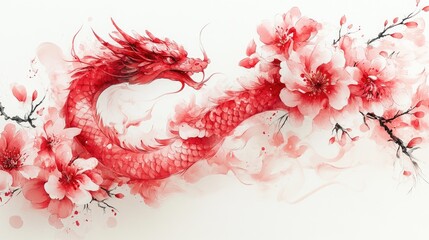 A vibrant red dragon entwined with delicate pink flowers, showcasing a blend of strength and beauty.