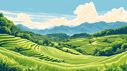 Fototapeta premium Pixelated Landscape Of Lush Green Rice Terraces