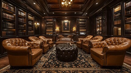 Luxurious leather chairs in a study, bookshelves, portrait, cigar