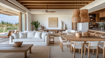 Fototapeta premium An open-plan living room and dining area featuring light yellow sofas, a wooden table, and white chairs, with soft lighting and neutral decor.