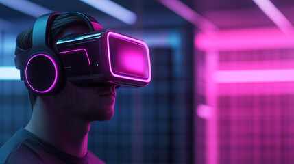 Immersive virtual reality experience with neon lighting and headset.