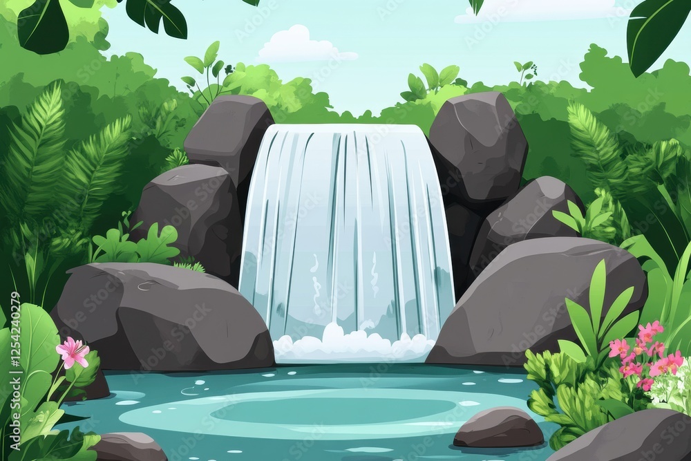 Poster Serene waterfall cascading over rocks in a lush green forest setting during daylight. Generative AI