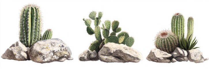 Desert Cactus Trio on Rocks, White Background, Botanical Print