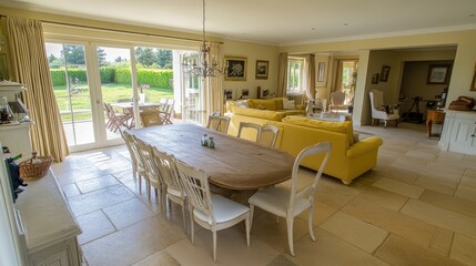 Fototapeta premium A bright, open-plan living and dining room featuring light yellow sofas, a wooden dining table, and white chairs, creating a warm, inviting atmosphere.