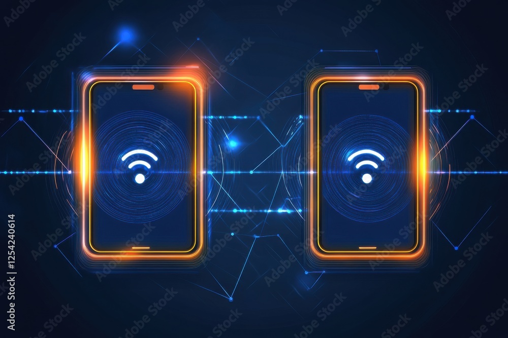 Poster futuristic flat design image of two devices with gradient overlays and bright lighting effects for t