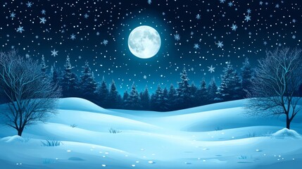 Naklejka premium Snowy Winter Night Landscape Under Full Moon