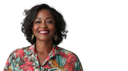 Smiling black woman with transparent background showing confidence and happiness