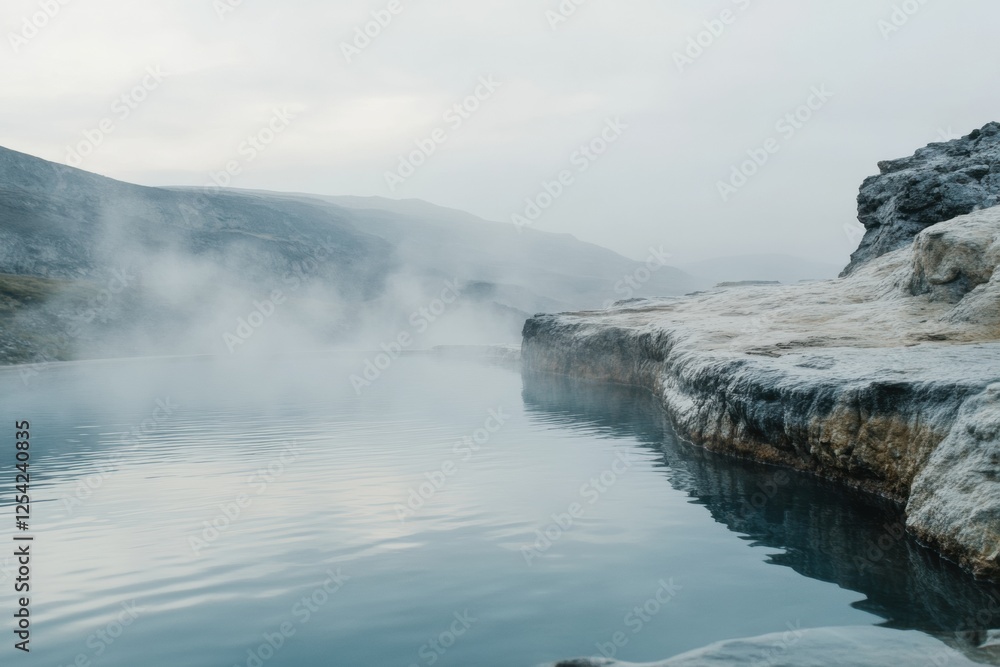 Poster serene hot spring with rising steam surrounded by rocky edges in a tranquil landscape. generative ai