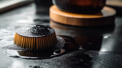 A close-up of a drain pipe removed from the sink, being cleaned with a small brush on a counter.