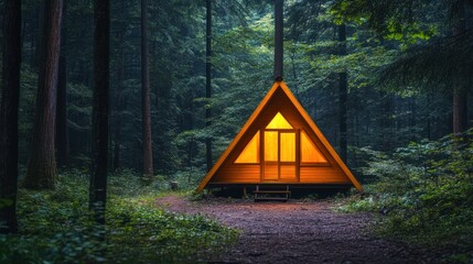 Illuminated A-frame Cabin in Forest at Night