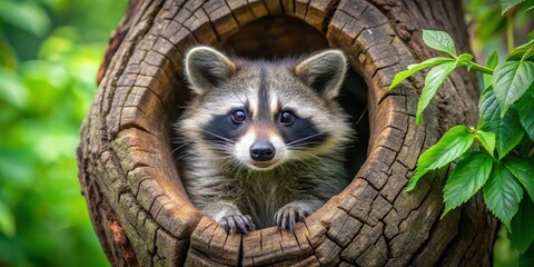 A playful raccoon hiding in a tree hollow with its tail tucked in and eyes peeking out from behind a leafy branch, nature hideaway, bushy tail
