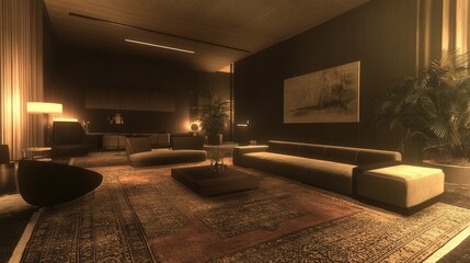 A contemporary living room with minimalist design, showcasing high-end furniture, a modern rug, and warm lighting for an elegant vibe.
