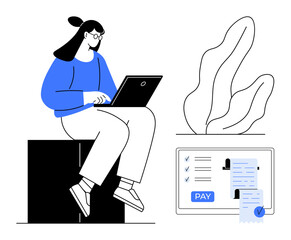 Woman working on laptop, digital invoice and receipt on screen, indicating online payment and billing processes. Ideal for financial management, remote work, e-banking, freelancing, fintech