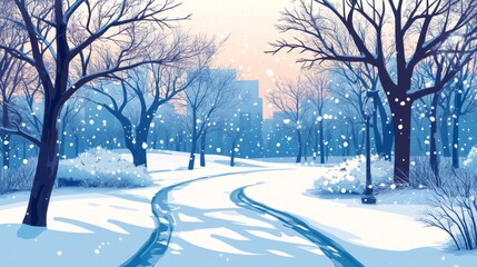 Obraz premium Snowy Winter Park Scene With City Background