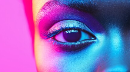 Creative eye collage with soft neon stripes in pink, blue, and purple hues, glowing against a vibrant background of diversity