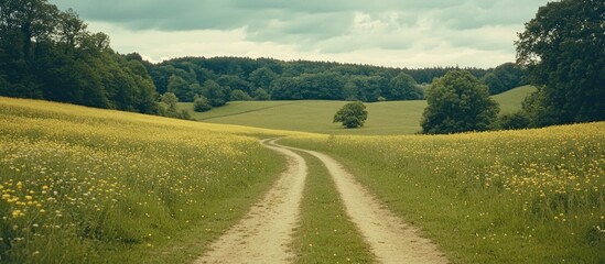Obraz premium Serene Countryside Path: A Winding Road Through a Blooming Meadow