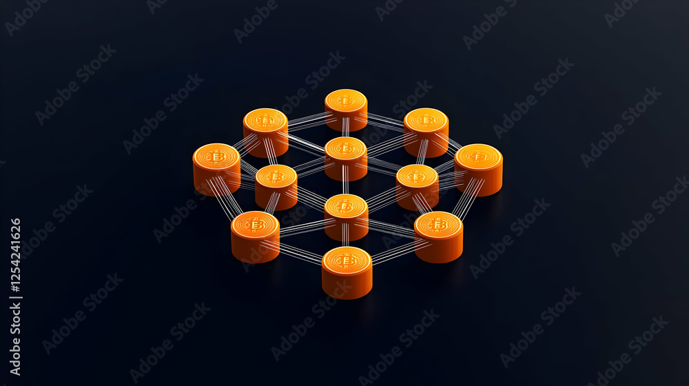Poster abstract network connection: orange cylinders and lines on dark background