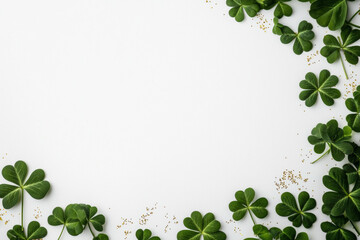 Fototapeta premium Border of green shamrocks and golden sparkles on white background, creating festive and cheerful design.