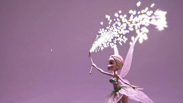 Close-up of a whimsical fairy figurine with iridescent wings and wand.