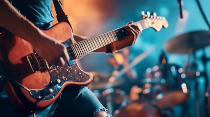 Obraz premium Electric guitar performance captivates audience during live music event at local venue in evening