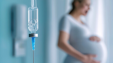 Quitting smoking according to the concept of drug addiction treatment. close up of IV drip with bubbles, while pregnant woman is in background