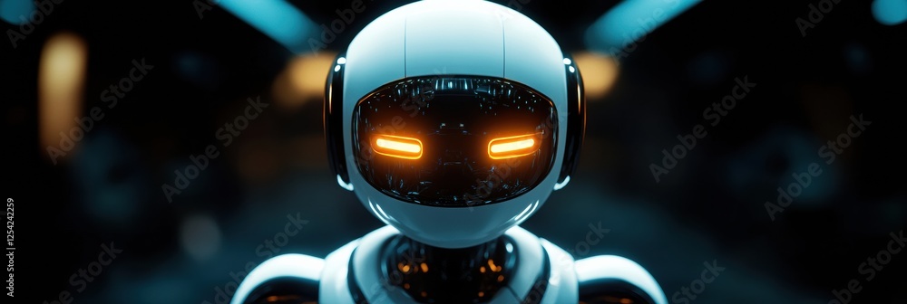 Poster Minimalist glowing humanoid robot stands in a softly lit futuristic environment showcasing its advanced design features. Generative AI