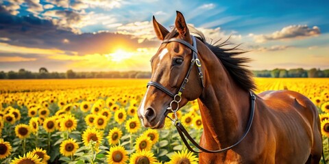 Fototapeta premium Horse in sunflower field with bay horse in bridle, equine photography