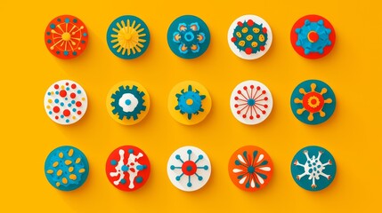 Group of flat-style virus and germ icons in bold colors, each with unique structural details, isolated on a bright background
