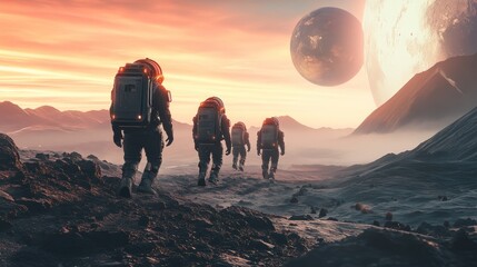 Exploration of an alien landscape by astronauts during a stunning sunset on a distant planet