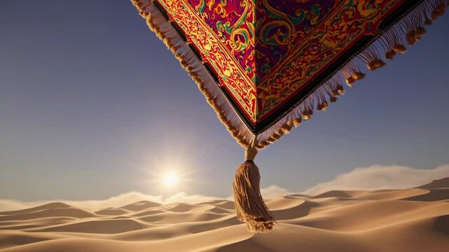 Ornate Magic Carpet Soaring Over Desert Dunes at Sunset