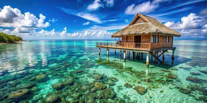 Overwater bungalow with crystal clear waters and coral reef in background, beach, water,  beach, water