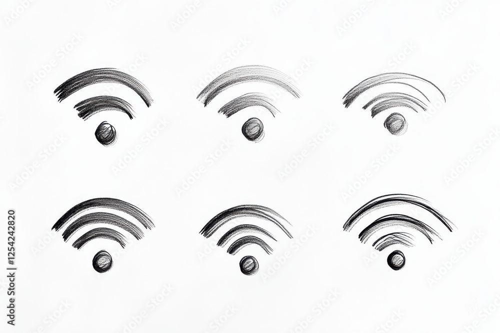 Poster hand-drawn technology symbols featuring minimalist wi-fi icons with soft shading on a neutral backgr