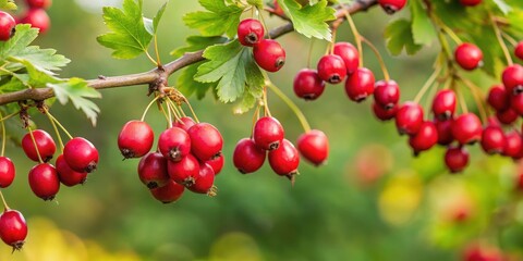 Obraz premium Hawthorn branch with ripe red berries hanging down, foliage, harvest, foliage, harvest, forest, fall, branch, fruit
