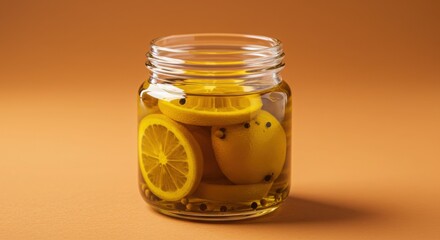 Preserved lemon in a glass jar for food preservation on orange background