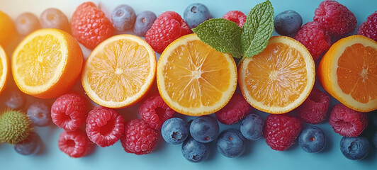 Vibrant arrangement of orange slices, raspberries, blueberries, and mint leaves on blue background.