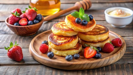 Crispy golden brown cottage cheese fritters on a wooden plate with fresh fruit and honey, pancakes, golden,  pancakes