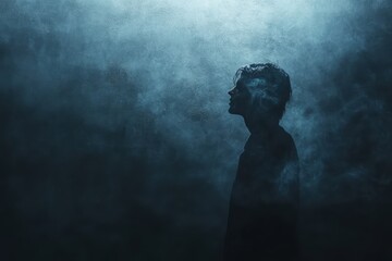 Fototapeta premium Silhouette of a Lone Figure Surrounded by Mysterious, Ethereal Mist Casting an Enigmatic Aura Against a Dark Background in Dramatic Lighting