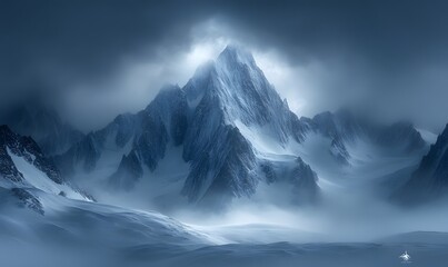 A majestic mountain peak shrouded in mist and snow under a dramatic sky