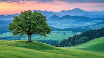 Majestic tree on hilltop, sunrise over valley