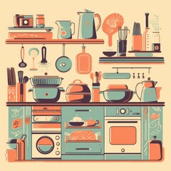 Stylish kitchen setup featuring colorful utensils, cookware, and modern appliances in a cozy atmosphere