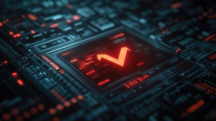 Fototapeta premium Futuristic digital interface with a glowing symbol and circuit patterns.