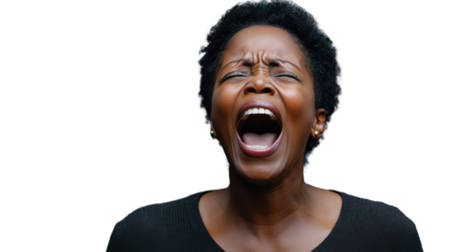 Frustrated black woman screaming with transparent background