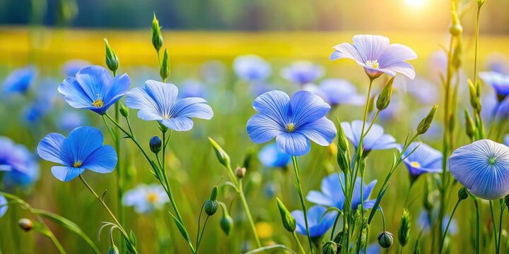 Colorful flax blue flowers blooming in a sunny meadow with tall grasses and wildflowers , spring, nature,  spring