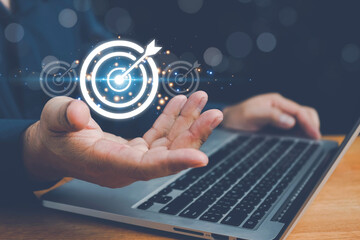 Startup business concept, businessman hands show goals and target for growing business, fast business success. Startup founder, network connection, idea generation, digital marketing.